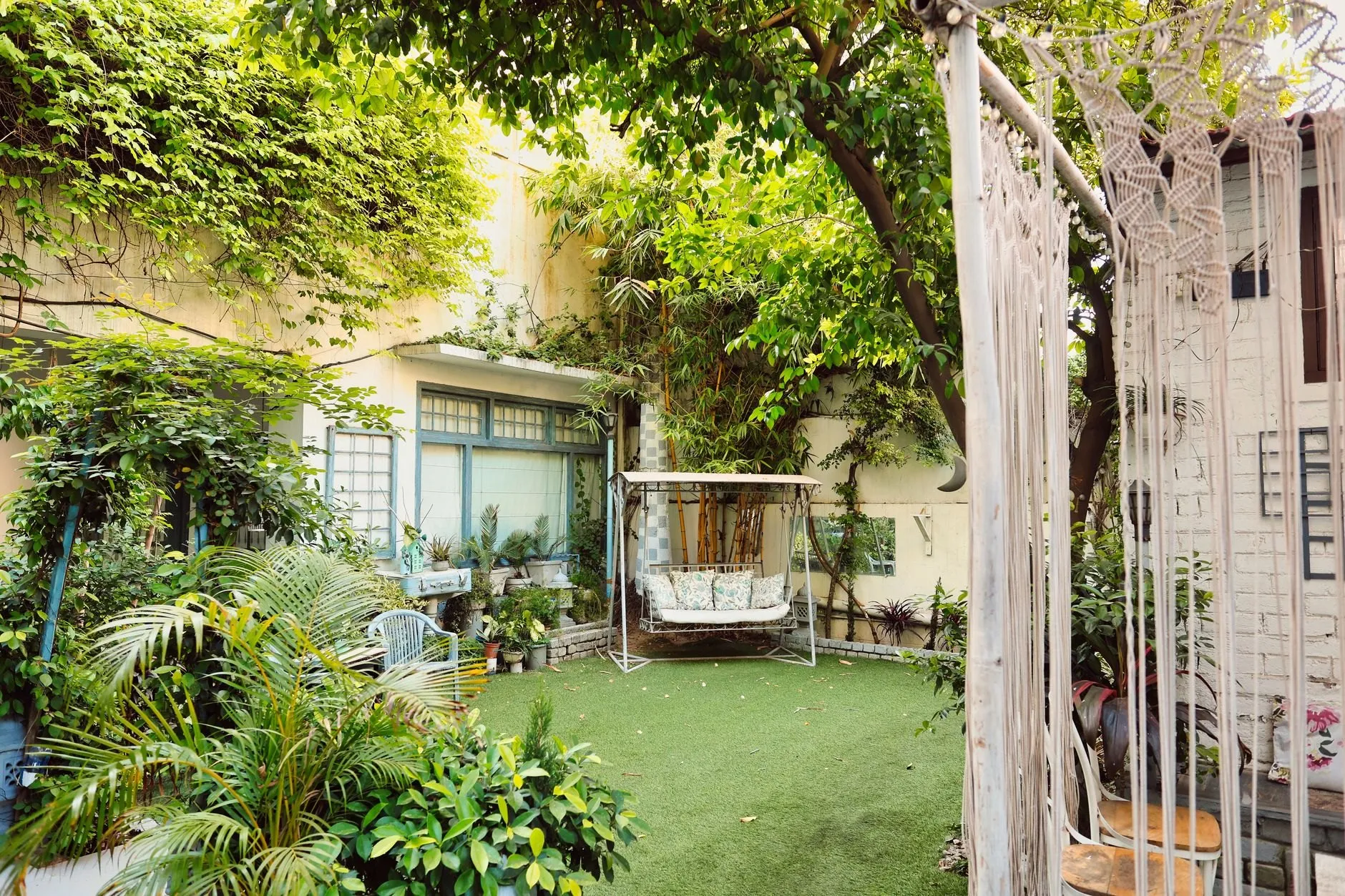 A tranquil private garden bathed in soft daylight